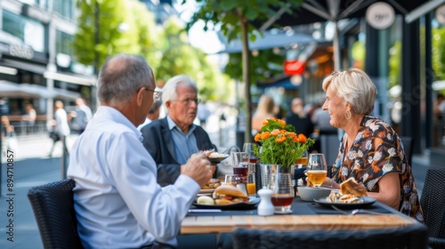 Three friends enjoy a meal together outdoors at a bustling city street cafe, surrounded by vibrant city life and lush green plants, capturing a moment of urban fellowship.