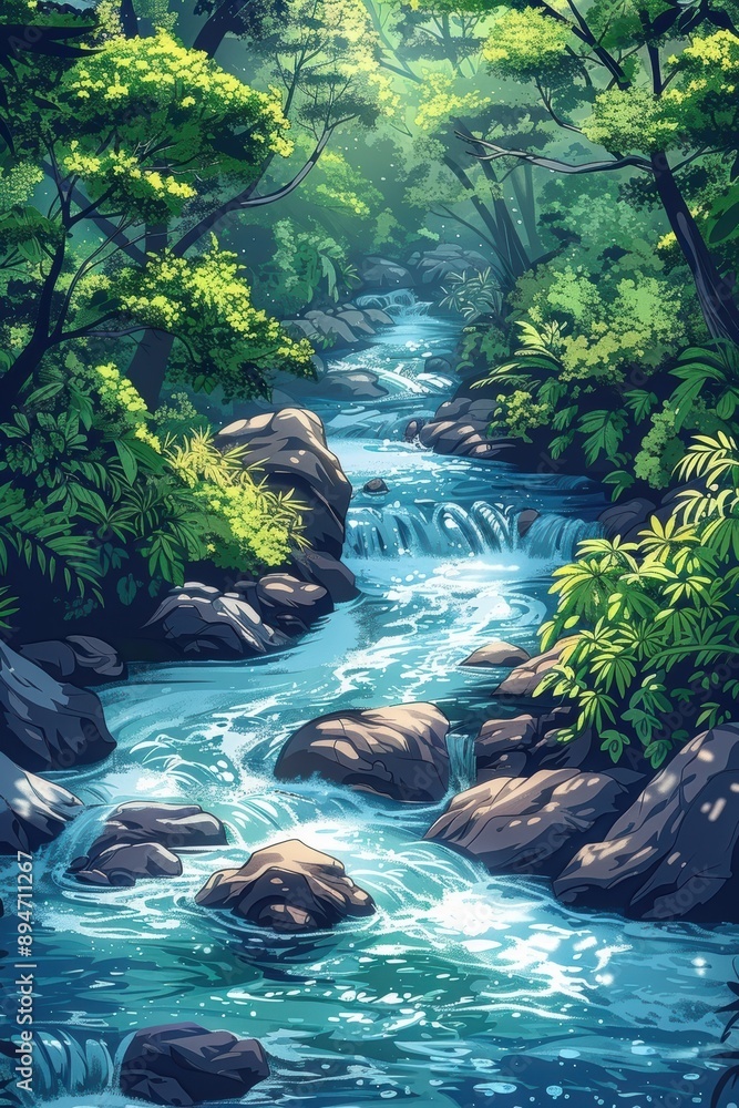 Naklejka premium Serene forest stream flowing through lush green foliage and rocks, reflecting sunlight in a peaceful natural setting.