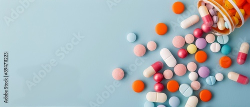 Pills Spilling From Bottle on Blue Background