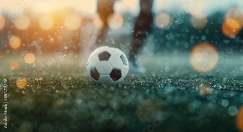 Soccer Ball On Field At Sunset