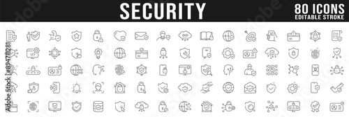 Big set of protection and security related line icons. Safety, password, acces, lock, shield etc. Editable stroke