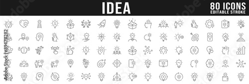 Creative idea line icon big set. Brainstorming, lightbulb, solution, innovation etc. Editable stroke