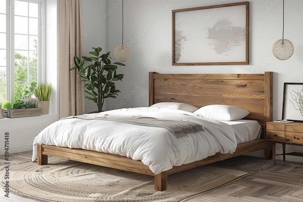 Obraz premium Modern bedroom with bed, blanket, and carpet against white wall with poster frame. Minimalist home interior design in light blue, featuring clean lines and a serene ambiance.