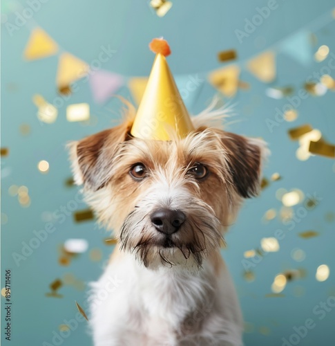 Dog Wearing Party Hat Against Confetti Background