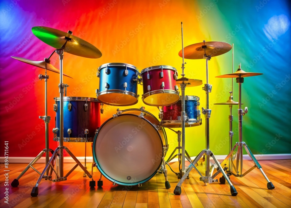 Vibrant drum set against a colorful studio background, with ample copy space, perfect for promoting children's music education or creative kid-focused programs. Vibrant drum set against a colorful studio background, with ample copy space, perfect for promoting children's music education or creative kid-focused programs.