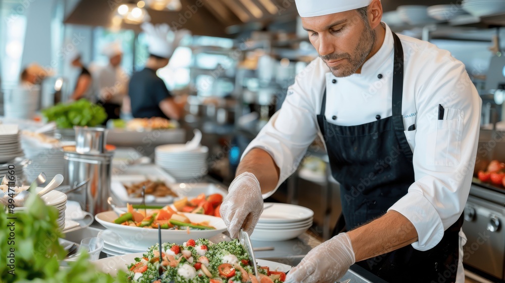 A chef wearing apron and gloves is preparing a fresh, vibrant salad in a professional kitchen, showcasing healthy ingredients and meticulous attention to culinary details. A chef wearing apron and gloves is preparing a fresh, vibrant salad in a professional kitchen, showcasing healthy ingredients and meticulous attention to culinary details.