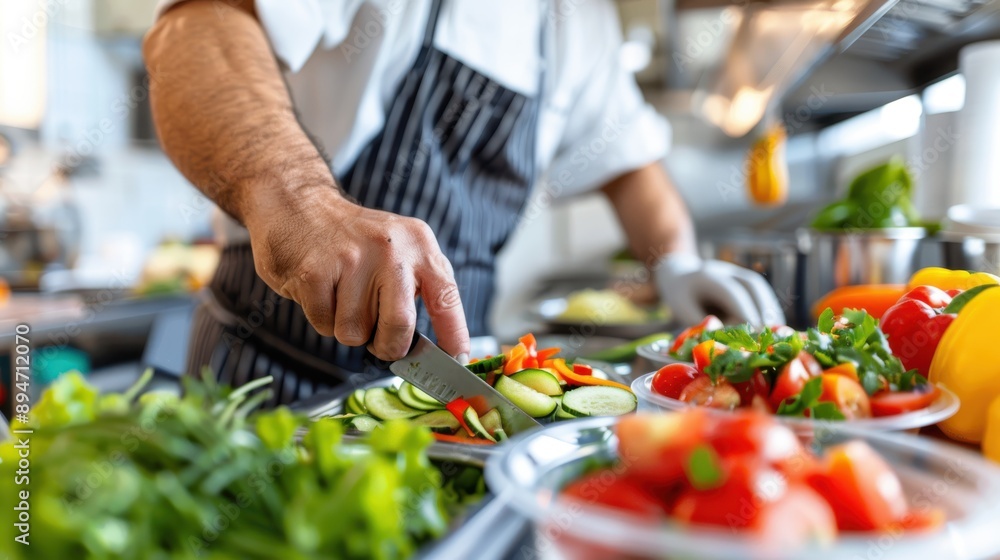 Chef in a striped apron carefully slices cucumbers and other vegetables on a countertop surrounded by fresh greens and colorful bell peppers, demonstrating preparation skills. Chef in a striped apron carefully slices cucumbers and other vegetables on a countertop surrounded by fresh greens and colorful bell peppers, demonstrating preparation skills.