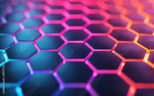 Vibrant hexagonal patterned background with neon gradient colors, creating a futuristic and dynamic visual effect.