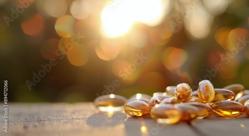 Golden Supplements On Wooden Surface At Sunset