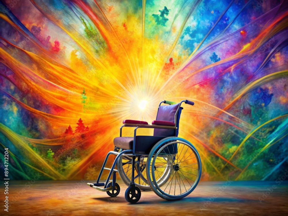 Obraz premium A vibrant background with abstract shapes and uplifting colors, symbolizing faith, hope, and gratitude, alongside a wheelchair, representing independence and joy despite disability.