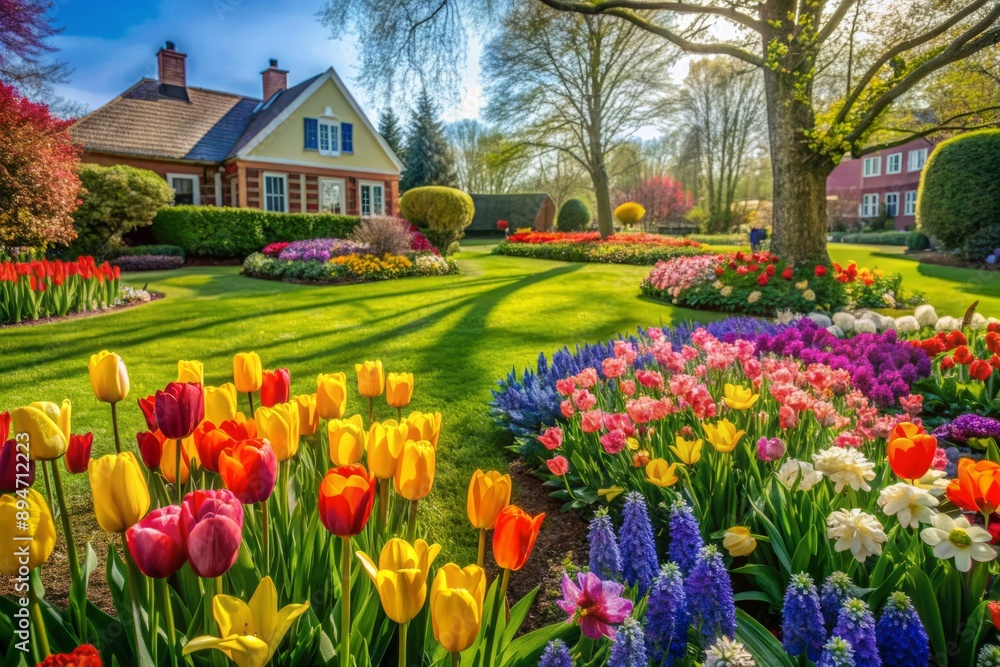 Vibrant spring garden bursts with color as a lush green lawn sets the stage for a stunning mix of tulips, daffodils, and hyacinths in full bloom. Vibrant spring garden bursts with color as a lush green lawn sets the stage for a stunning mix of tulips, daffodils, and hyacinths in full bloom.