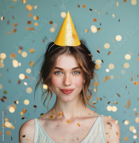 Woman Wearing Party Hat With Confetti