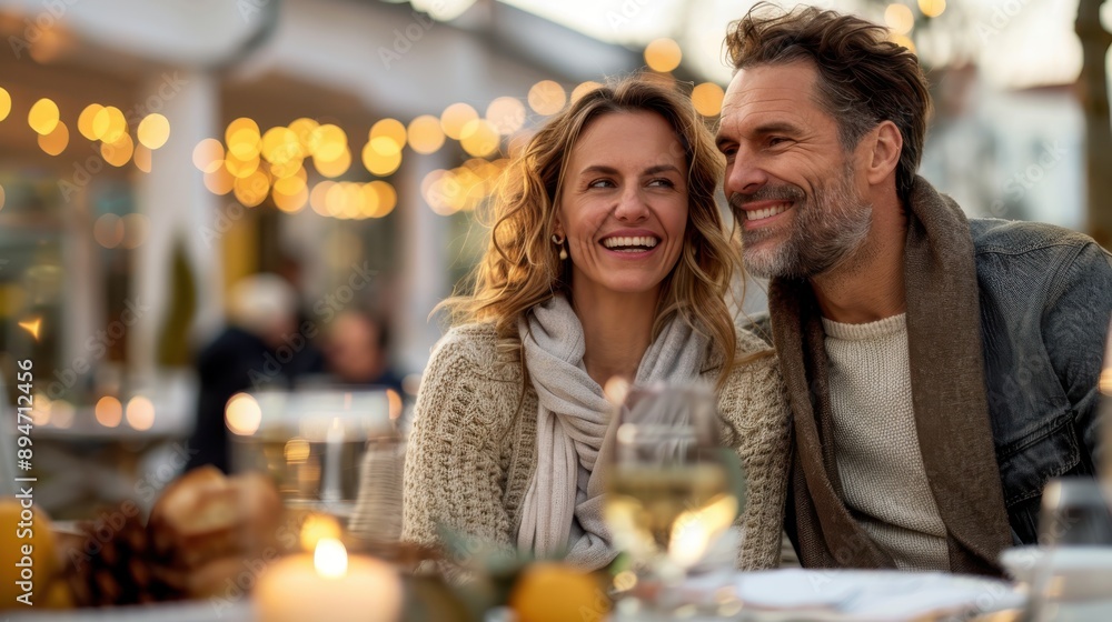 A joyful couple enjoys a romantic meal in an outdoor restaurant setting, smiling and wrapped in warm clothing, with soft lights twinkling in the background. A joyful couple enjoys a romantic meal in an outdoor restaurant setting, smiling and wrapped in warm clothing, with soft lights twinkling in the background.