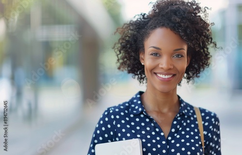 Woman Holding a Folder in Front of a Building