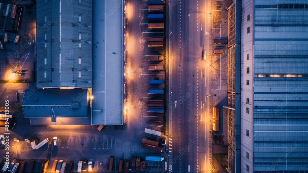 Create an aerial view of large logistics warehouses in the evening. The image should showcase the expansive scale of the warehouses, illuminated by evening light, capturing the essence of industrial l Create an aerial view of large logistics warehouses in the evening. The image should showcase the expansive scale of the warehouses, illuminated by evening light, capturing the essence of industrial l
