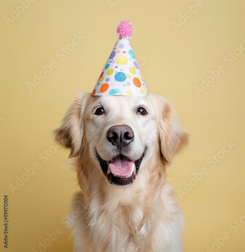 Golden Retriever Wearing Birthday Hat
