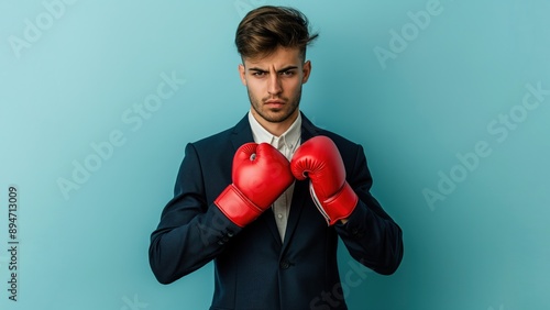 Businessman in Boxing Gloves Ready for Challenge photo