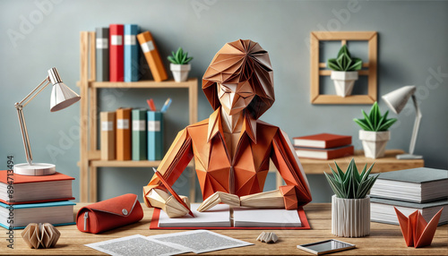 Origami Woman Writing at Desk with Books and Plants
