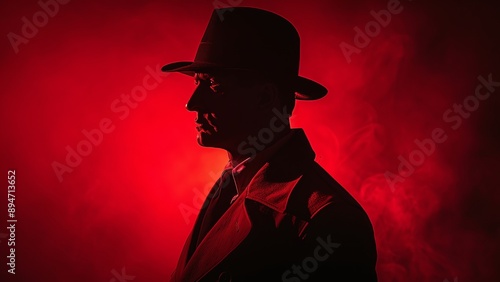 Silhouette of 40s Chicago Mafia Member in Fedora Hat with Retro Wave Style Colors - Noir Film Character Against Dark Red Background