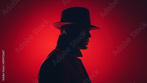 Silhouette of 40s Chicago Mafia Member in Fedora Hat with Retro Wave Style Colors - Noir Film Character Against Dark Red Background