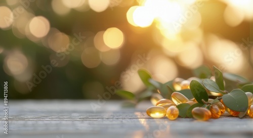 Golden Supplements On Wooden Surface At Sunset