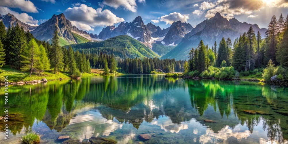 Fototapeta premium Serene mountain lake landscape with surrounding peaks and lush greenery, perfect for a peaceful outdoor adventure with friends or romantic getaway.