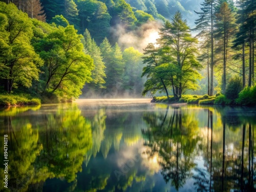 Wallpaper Mural Serene misty forest with lush greenery, gentle sunlight, and a tranquil lake reflection, evoking a sense of stillness and inner harmony in nature's embrace. Torontodigital.ca