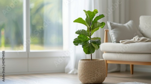 Fiddle Leaf Fig Plant in a Wicker Pot Near a Window