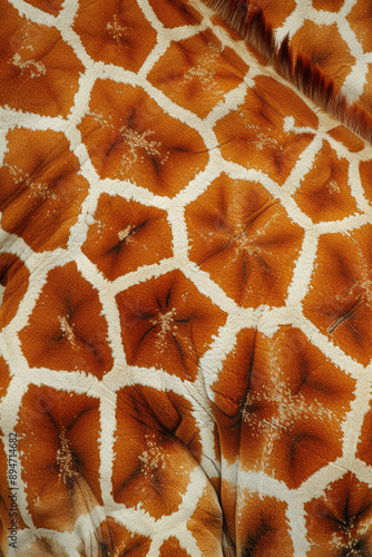 Close-up of giraffe skin showing unique pattern, brown and white spots in nature. photo