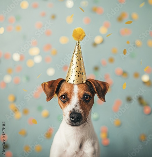 Dog Wearing Party Hat Against Confetti Background