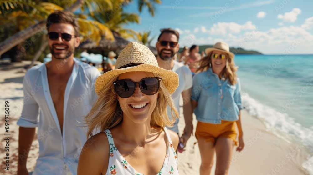 A group of friends, wearing summer clothes and sunglasses, enjoy a fun day at a tropical beach, embodying joy, friendship, and the relaxing atmosphere of a seaside escape. A group of friends, wearing summer clothes and sunglasses, enjoy a fun day at a tropical beach, embodying joy, friendship, and the relaxing atmosphere of a seaside escape.
