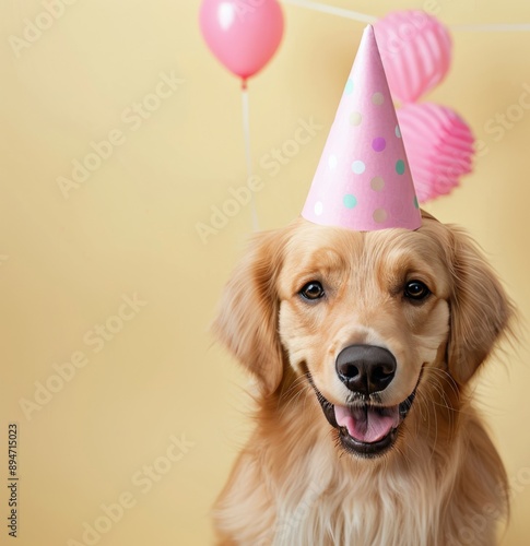 Golden Retriever Wearing Birthday Hat