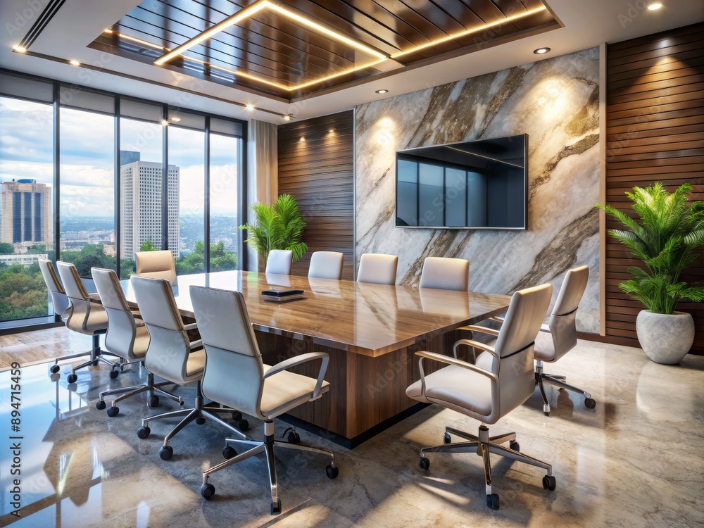 Fototapeta premium Modern conference room with sleek marble table, ergonomic chairs, and large screen displaying presentation slides, perfect for remote work productivity seminars.