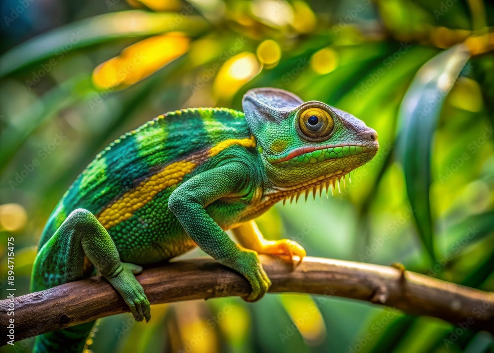 Obraz premium Vibrant green chameleon with yellow stripes perched on a weathered wooden branch, surrounded by lush green leaves and soft natural light filtering through.