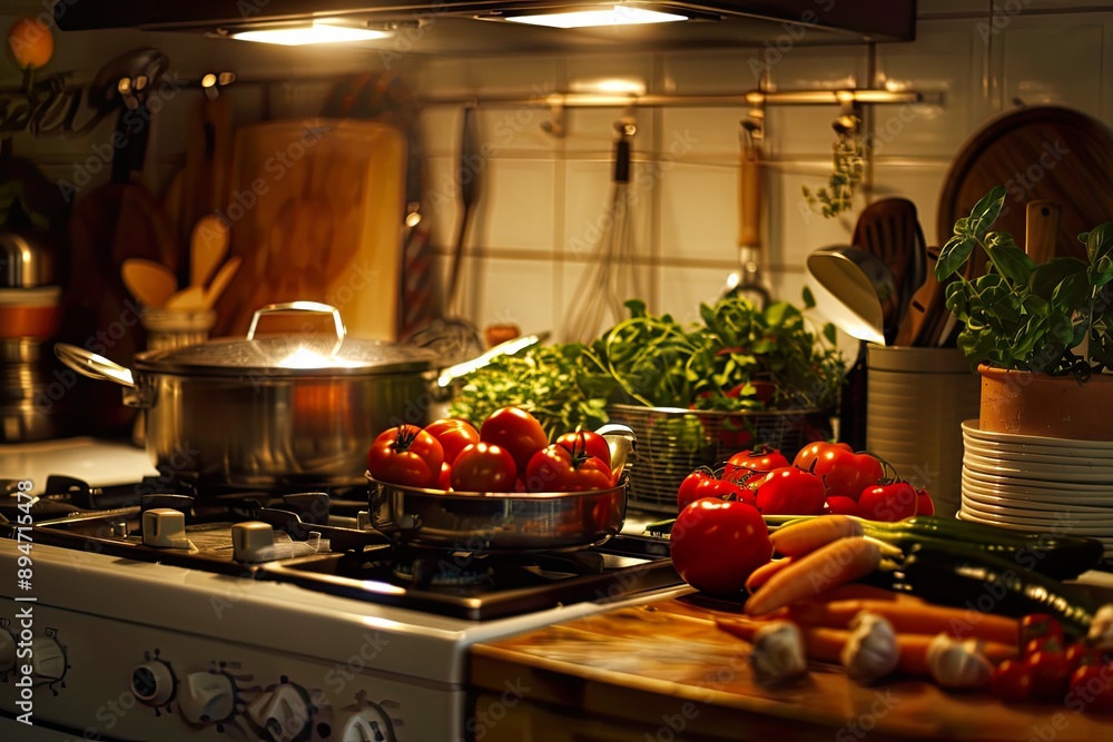 Fototapeta premium Home Kitchen with Fresh Vegetables and Steaming Pot