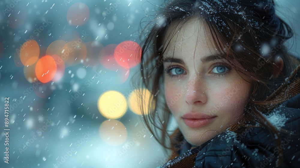 A Beautiful Woman Looking Around While Walking On The City Street At Night, Soaking In The Atmosphere A Beautiful Woman Looking Around While Walking On The City Street At Night, Soaking In The Atmosphere