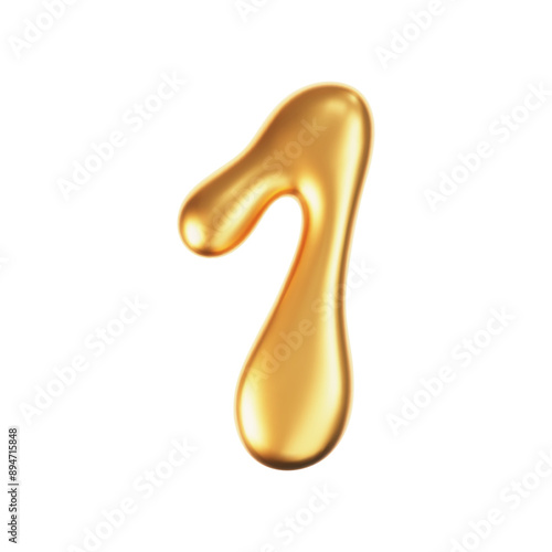 3d gold liquid number 1 in y2k style isolated on a white background. Render of 3d golden inflated figures with glossy effect. 3d vector y2k typography digit