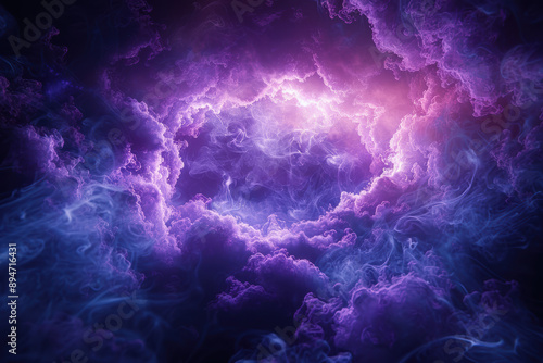 A stunning, mystical cloudscape featuring vibrant shades of purple and blue, evoking a dreamy, otherworldly atmosphere.