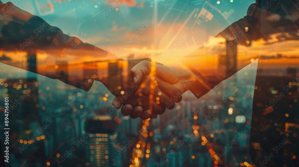 Fototapeta premium Corporate Connections: Handshake and Skyscrapers in Sunset Double Exposure