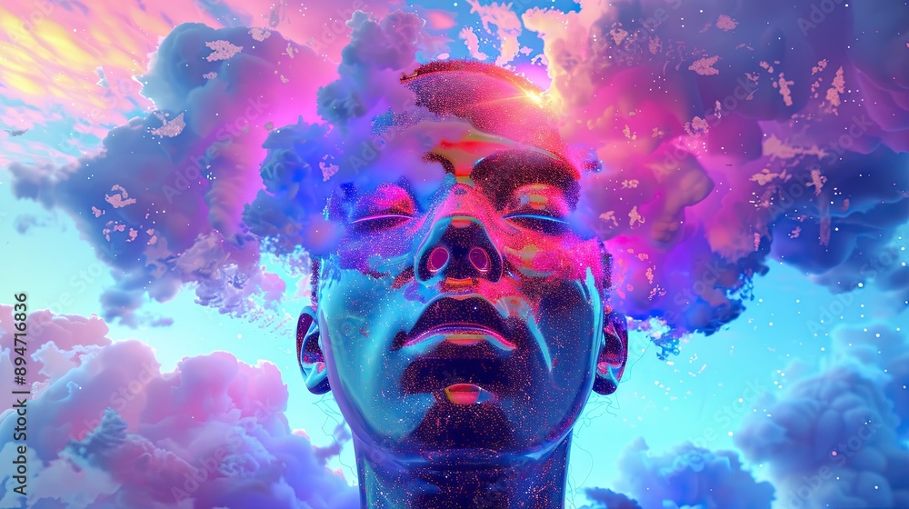 Lucid dreaming flat design front view surreal theme 3D render vivid Lucid dreaming flat design front view surreal theme 3D render vivid