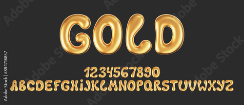 3d gold liquid font in y2k style isolated on a dark background. Render of 3d golden inflated alphabet and numbers with shine glossy effect. 3d vector y2k typography letter