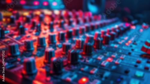 Vibrant close-up of a professional audio mixing console with colorful LED lights, perfect for music production, live sound, and recording studio themes.