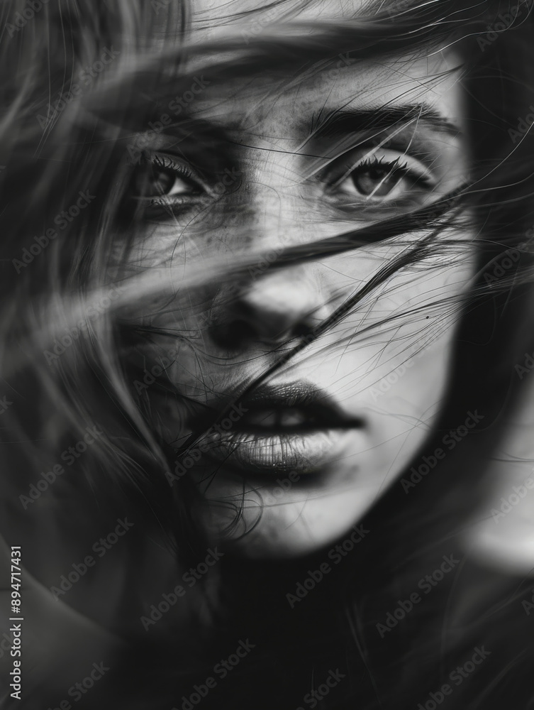 Intense Portrait of a Young Woman with Windswept Hair in Monochrome Intense Portrait of a Young Woman with Windswept Hair in Monochrome