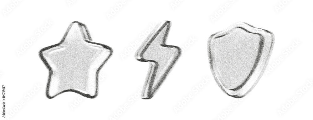 3d noise star, lightning, protect shield with grainy gradient effect in y2k style isolated on white. Gritty shape with spray dot texture with light and shadow. 3d vector retro y2k figure 3d noise star, lightning, protect shield with grainy gradient effect in y2k style isolated on white. Gritty shape with spray dot texture with light and shadow. 3d vector retro y2k figure
