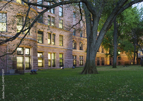 New York, USA - November 4, 2014: Night view maple trees and fallen leaves on the lawn against building of American Museum of Natural History
