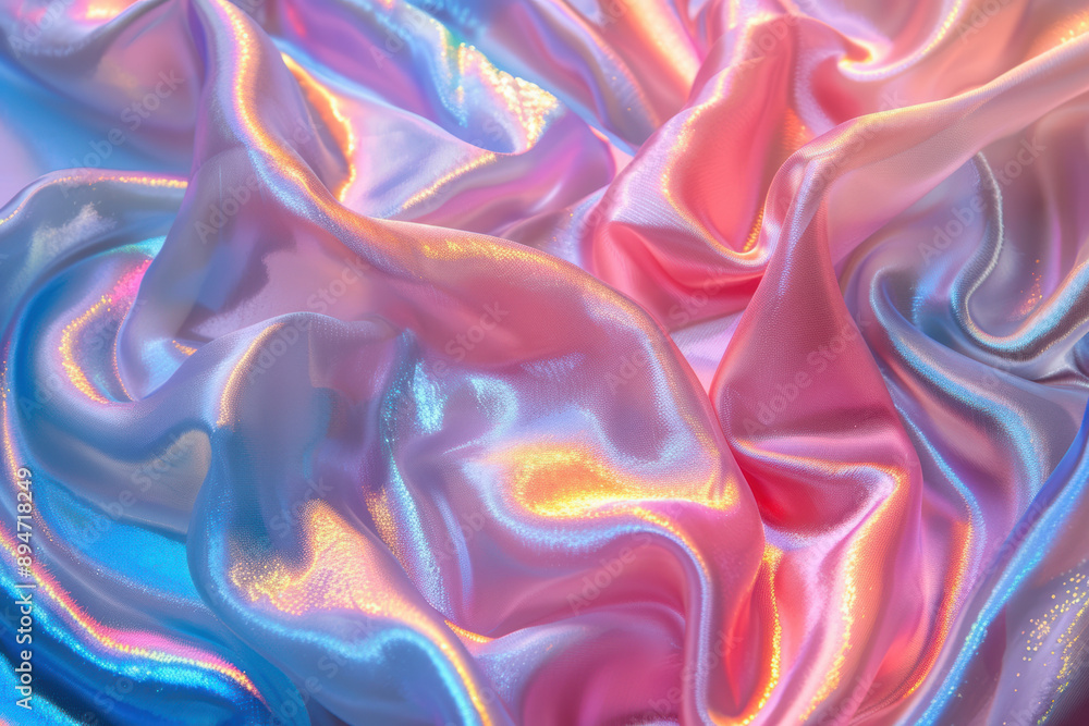 Obraz premium Soft, colorful silky fabric creating an abstract, elegant background with shimmering light reflections in shades of pink, blue, and purple.