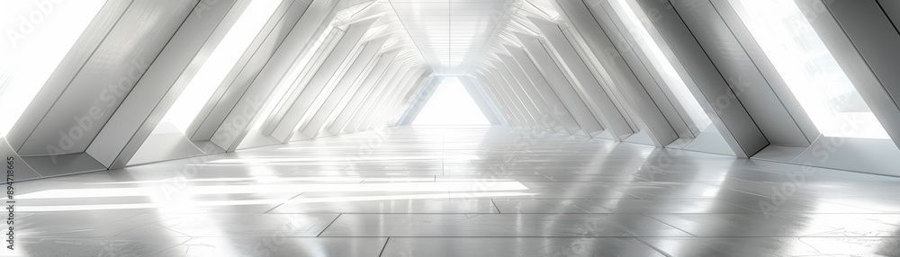 Obraz premium Futuristic bright corridor with geometric architecture, glowing white lights, and reflective surfaces, creating a modern and sleek atmosphere.