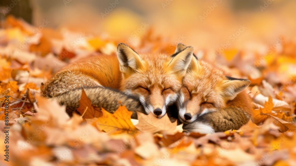 Fototapeta premium Close-up of two foxes peacefully sleeping among autumn leaves, showcasing a serene and natural wildlife scene.