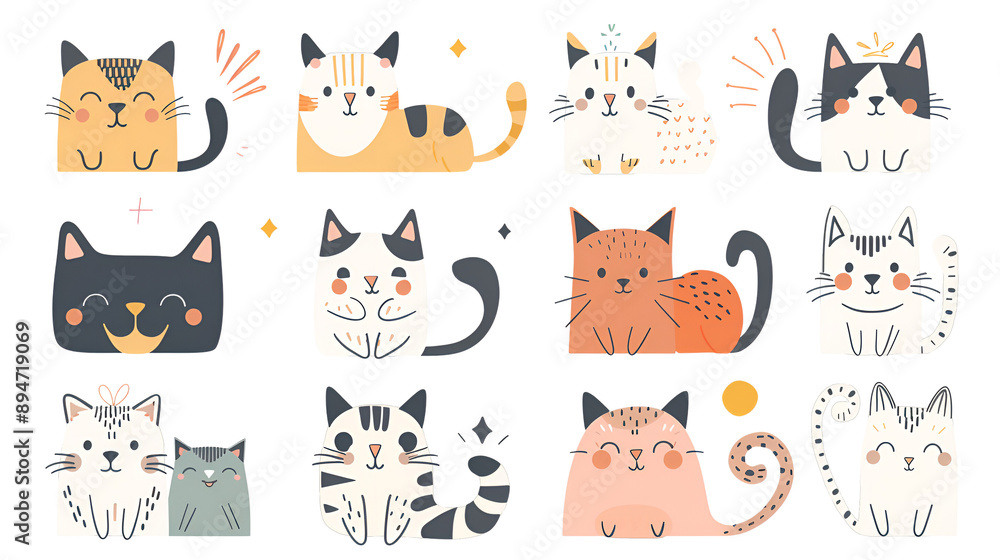 Set of Cat Elements for Graphic and Web Design - Minimal Style with Fresh Colors on Transparent Background Set of Cat Elements for Graphic and Web Design - Minimal Style with Fresh Colors on Transparent Background