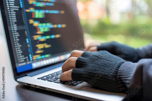 A person wearing fingerless gloves typing code on a laptop, symbolizing hacking and cybersecurity threats. photo